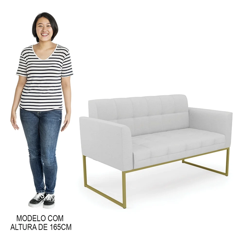 Sofá Namoradeira e 2 Poltronas Base Industrial Dourado Ana Linho Cinza - Ibiza