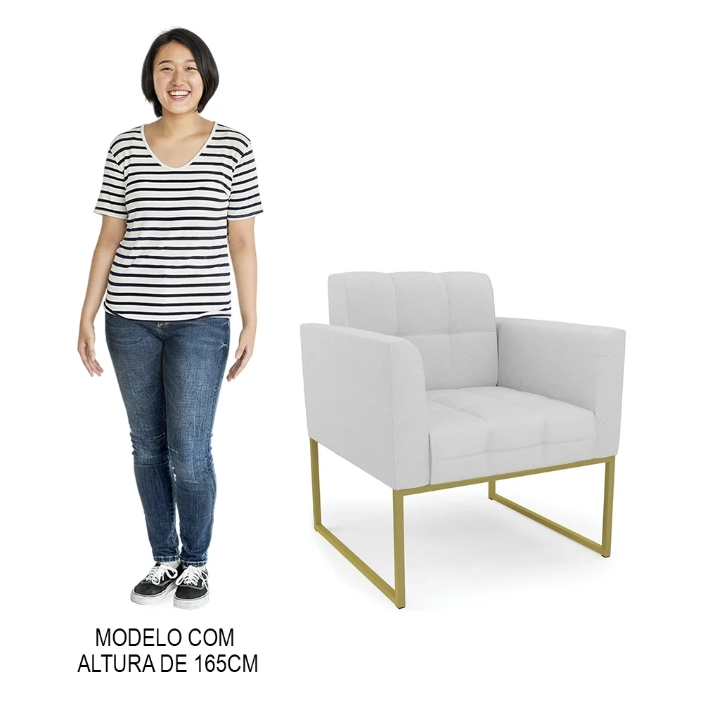 Sofá Namoradeira e 2 Poltronas Base Industrial Dourado Ana Linho Cinza - Ibiza