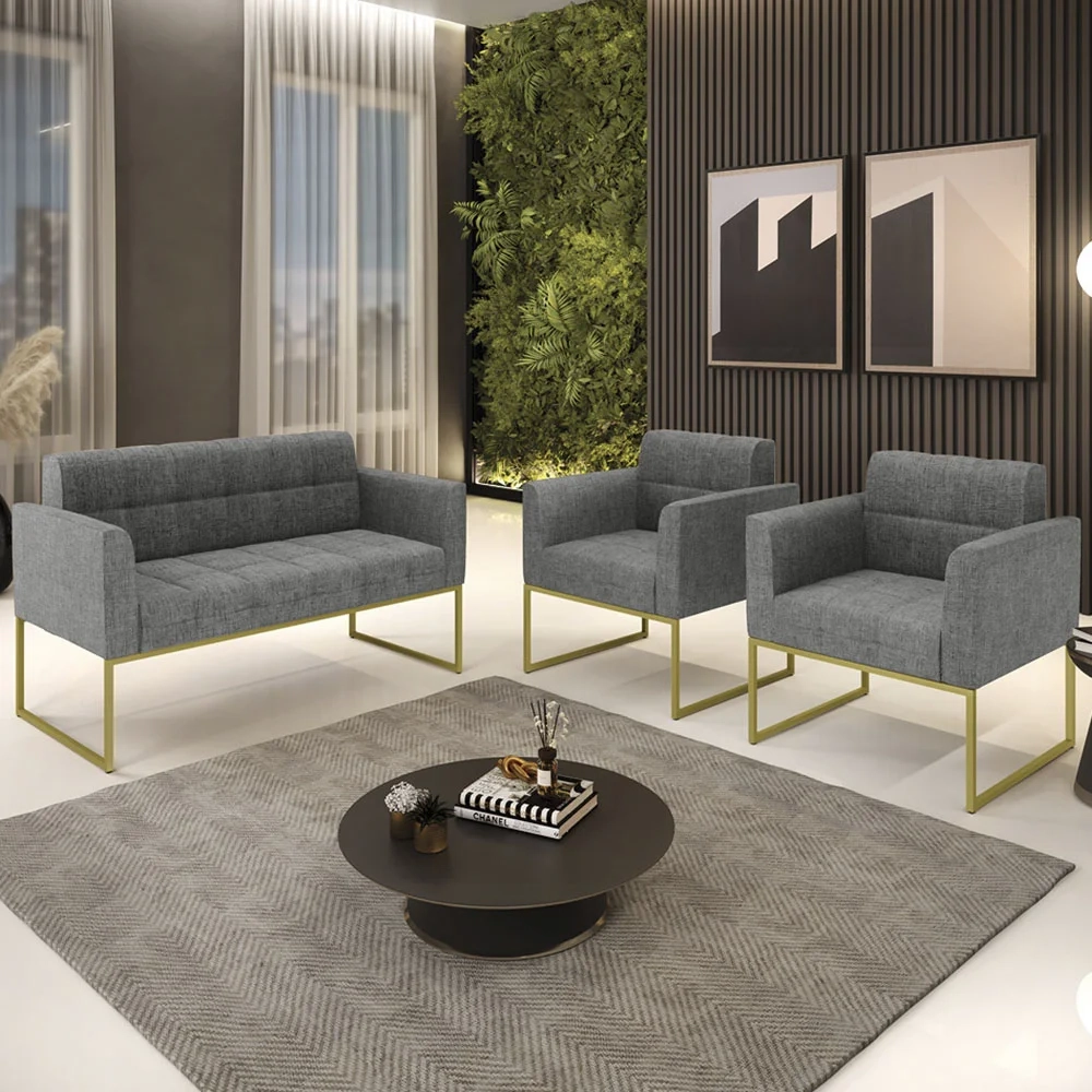Sofá Namoradeira e 2 Poltronas Base Industrial Dourado Ana Linho Grafite - Ibiza