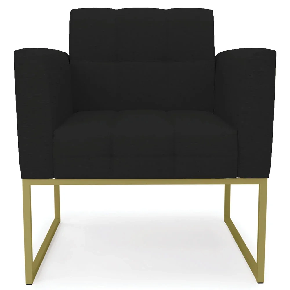 Sofá Namoradeira e 2 Poltronas Base Industrial Dourado Ana Linho Preto - Ibiza