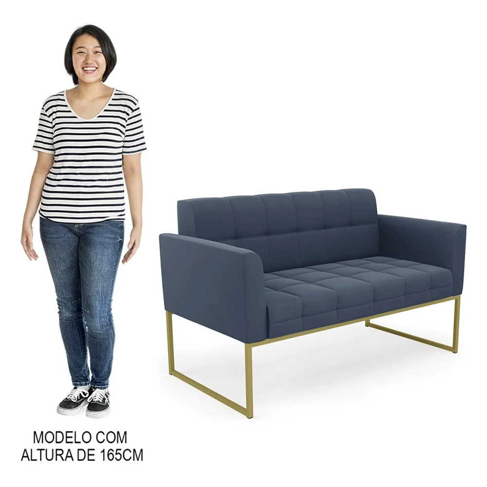 Sofá Namoradeira Base Industrial Dourado Ana Suede Azul Marinho - Ibiza