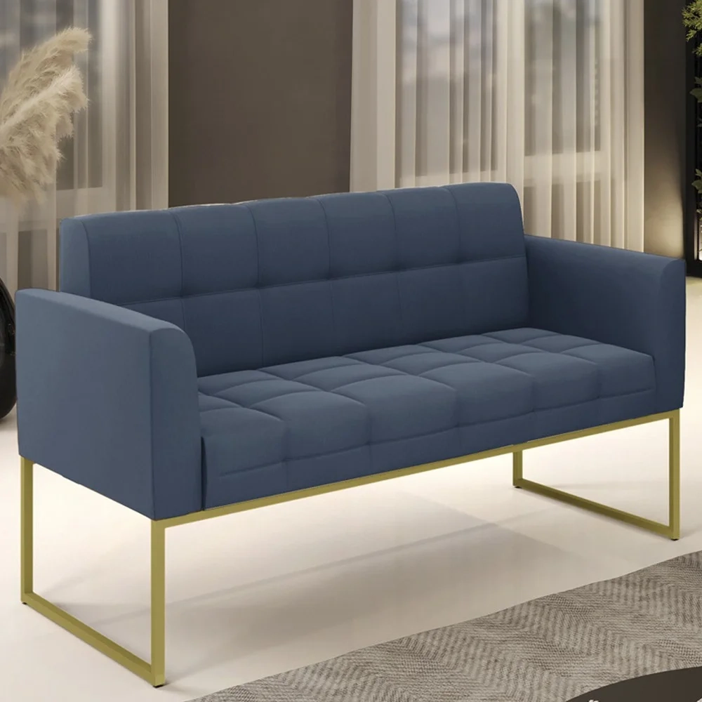 Sofá Namoradeira Base Industrial Dourado Ana Suede Azul Marinho - Ibiza