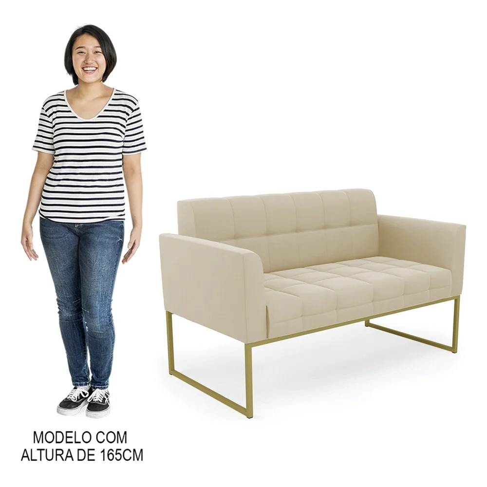 Sofá Namoradeira Base Industrial Dourado Ana Suede Bege - Ibiza