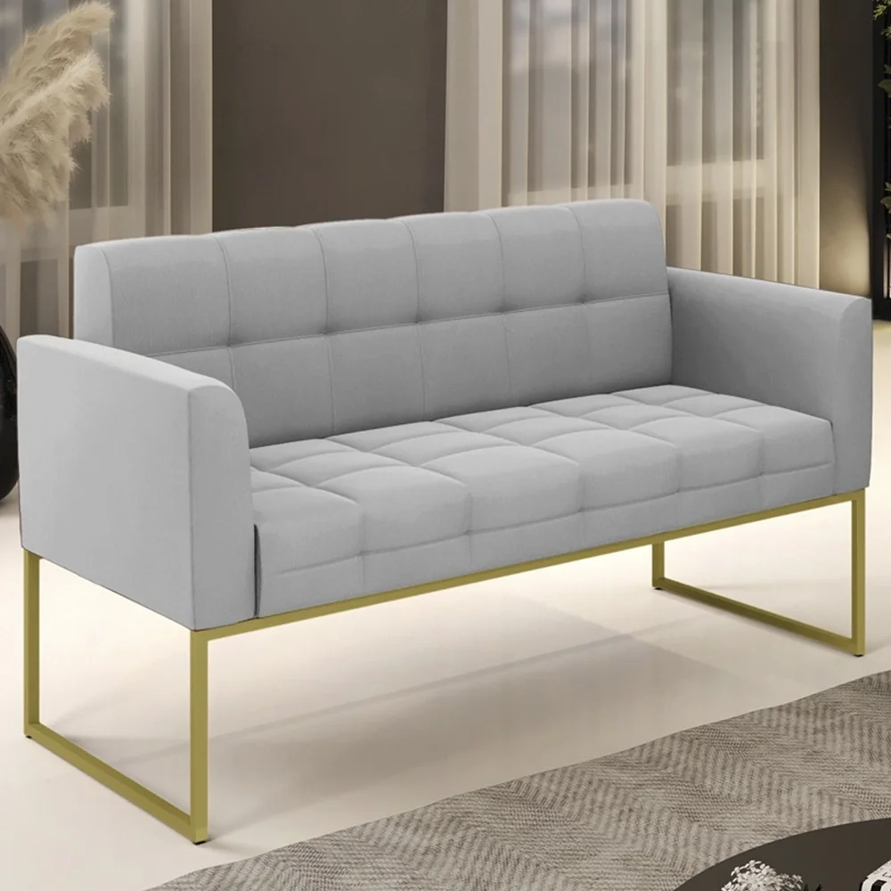 Sofá Namoradeira Base Industrial Dourado Ana Suede Cinza - Ibiza