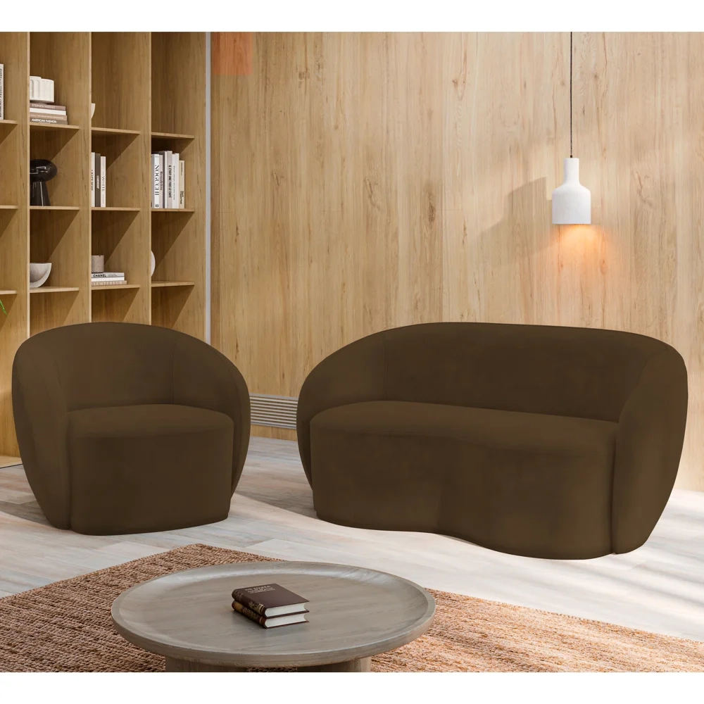 Sofá 3 Lugares Living 180cm e 1 Poltrona Giratória Garbin Z08 Veludo Marrom - Mpozenato