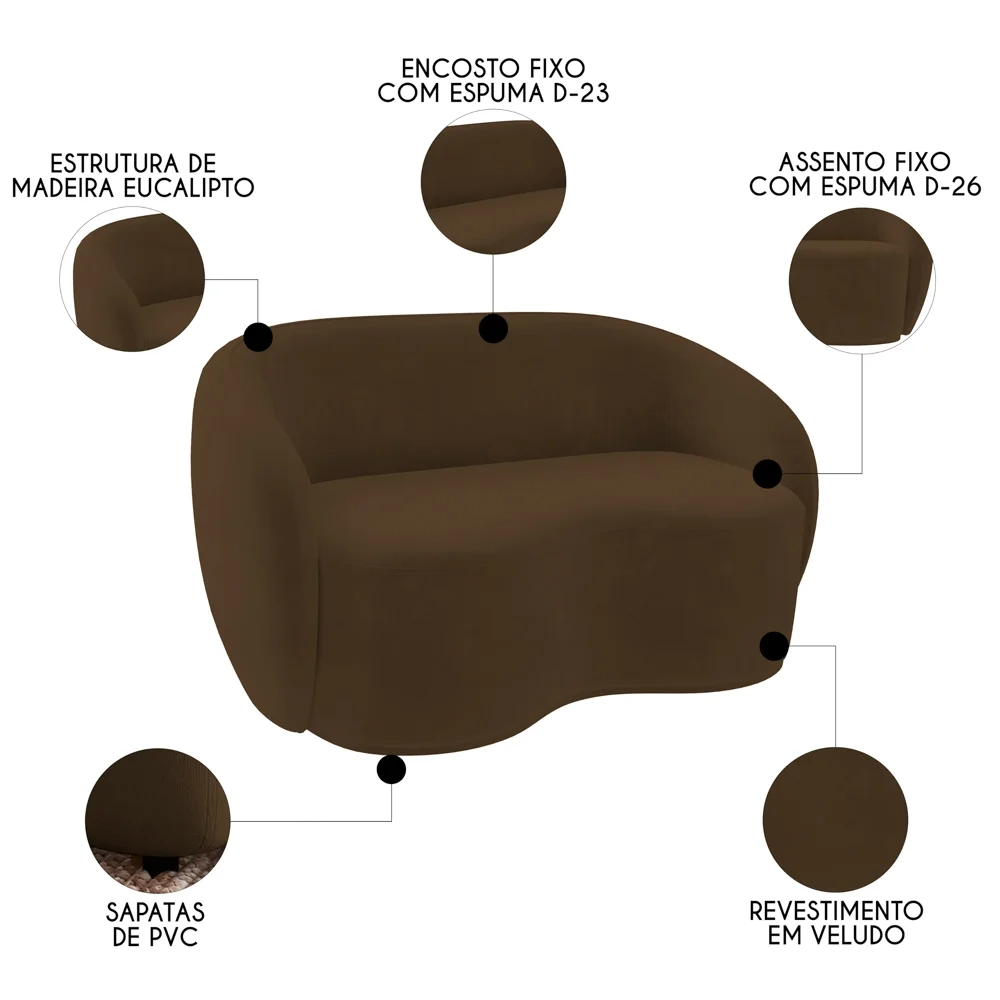 Sofá 3 Lugares Living 180cm e 1 Poltrona Giratória Garbin Z08 Veludo Marrom - Mpozenato