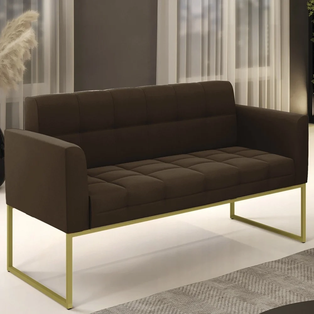 Sofá Namoradeira Base Industrial Dourado Ana Suede Marrom - Ibiza