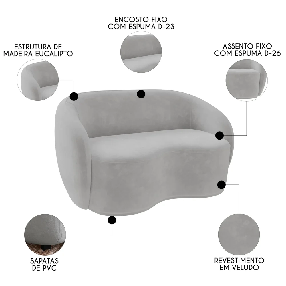 Sofá 3 Lugares Living 180cm e 1 Poltrona Giratória Garbin Z08 Veludo Cinza - Mpozenato