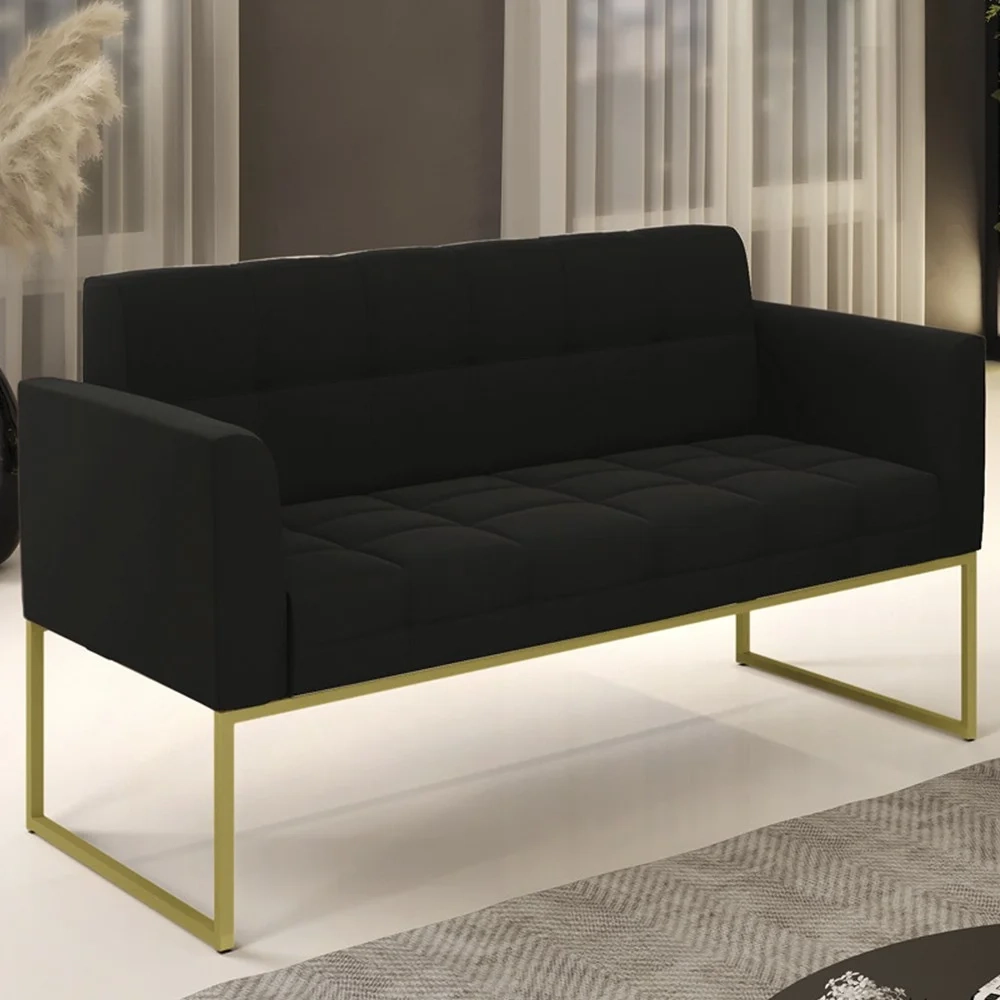 Sofá Namoradeira Base Industrial Dourado Ana Suede Preto - Ibiza