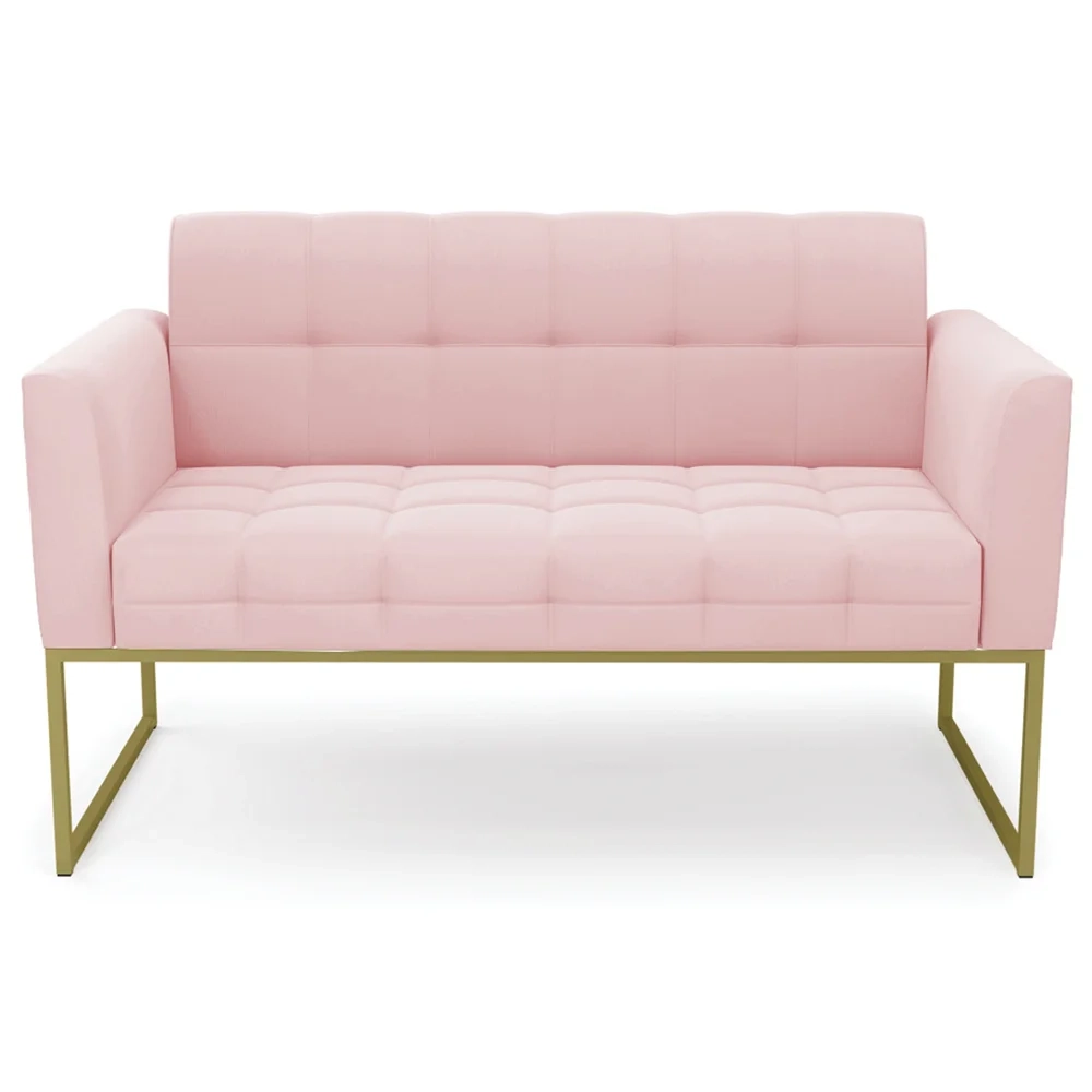 Sofá Namoradeira Base Industrial Dourado Ana Suede Rosa Bebê - Ibiza