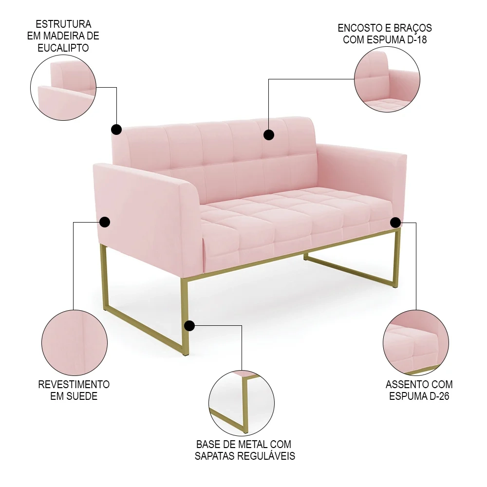 Sofá Namoradeira Base Industrial Dourado Ana Suede Rosa Bebê - Ibiza