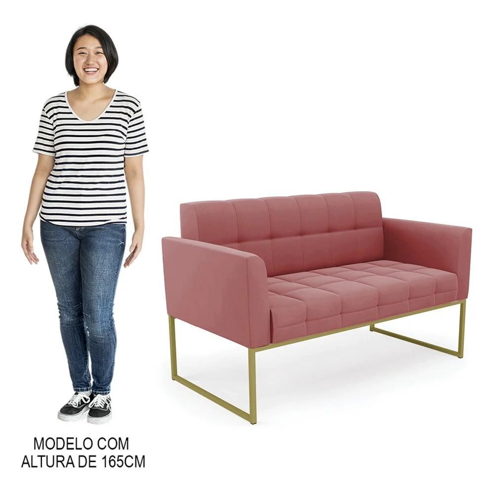 Sofá Namoradeira Base Industrial Dourado Ana Suede Rosê - Ibiza
