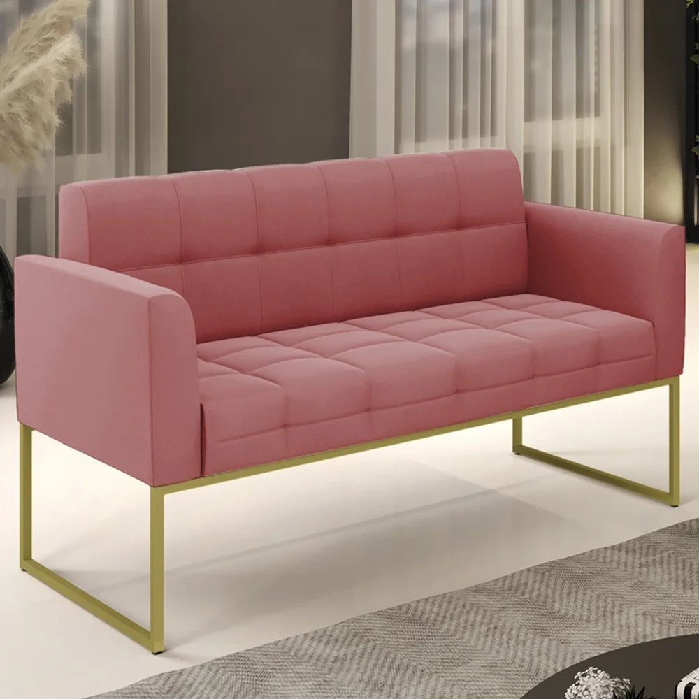 Sofá Namoradeira Base Industrial Dourado Ana Suede Rosê - Ibiza