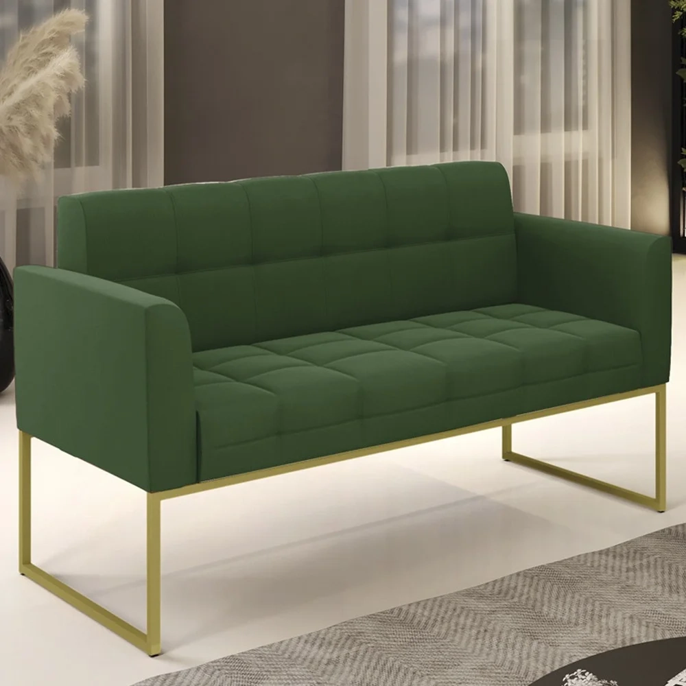 Sofá Namoradeira Base Industrial Dourado Ana Suede Verde - Ibiza
