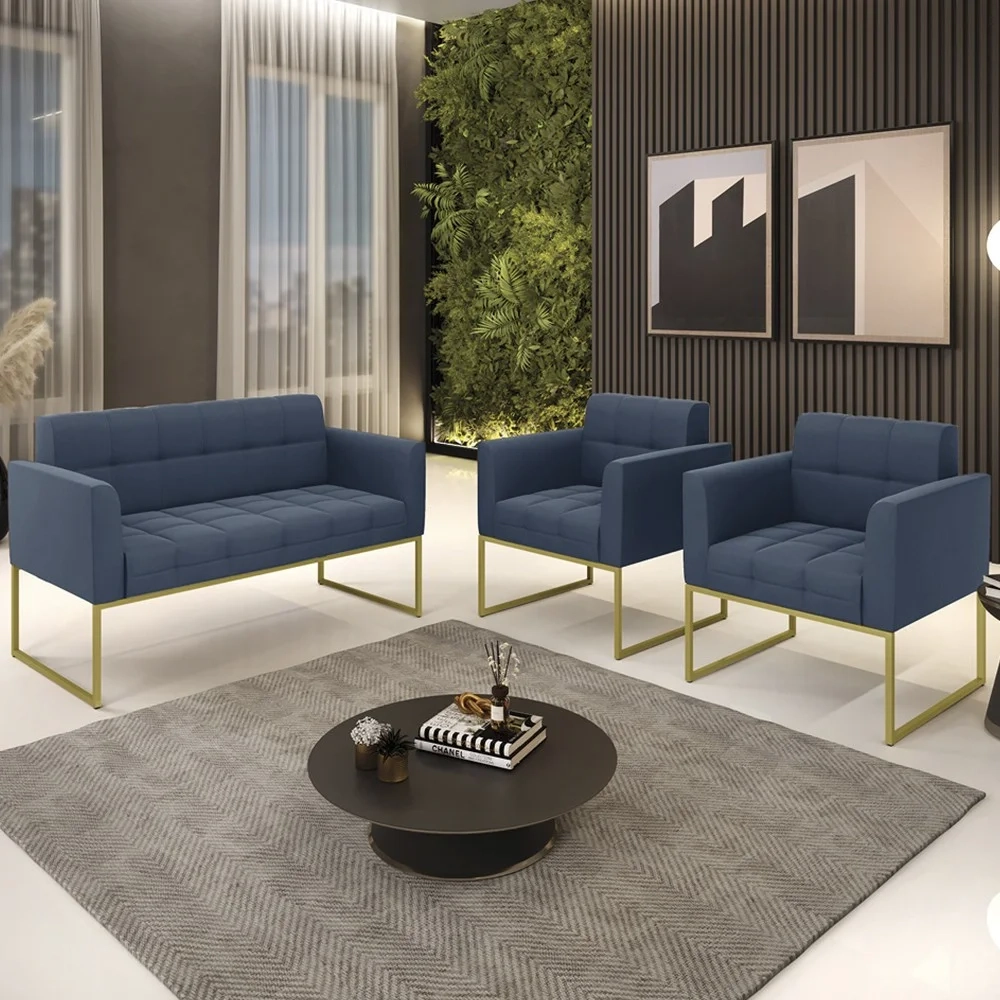 Sofá Namoradeira e 2 Poltronas Base Industrial Dourado Ana Suede Azul Marinho - Ibiza