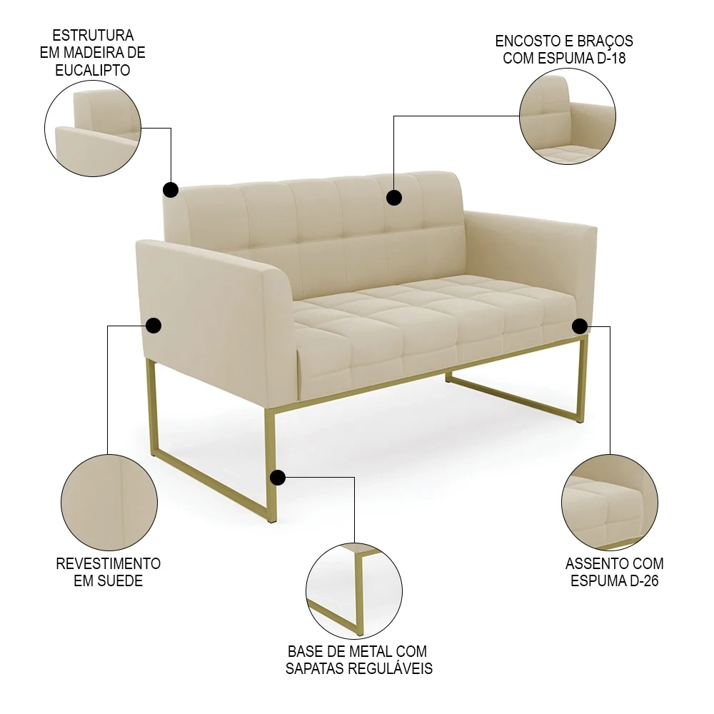 Sofá Namoradeira e 2 Poltronas Base Industrial Dourado Ana Suede Bege - Ibiza
