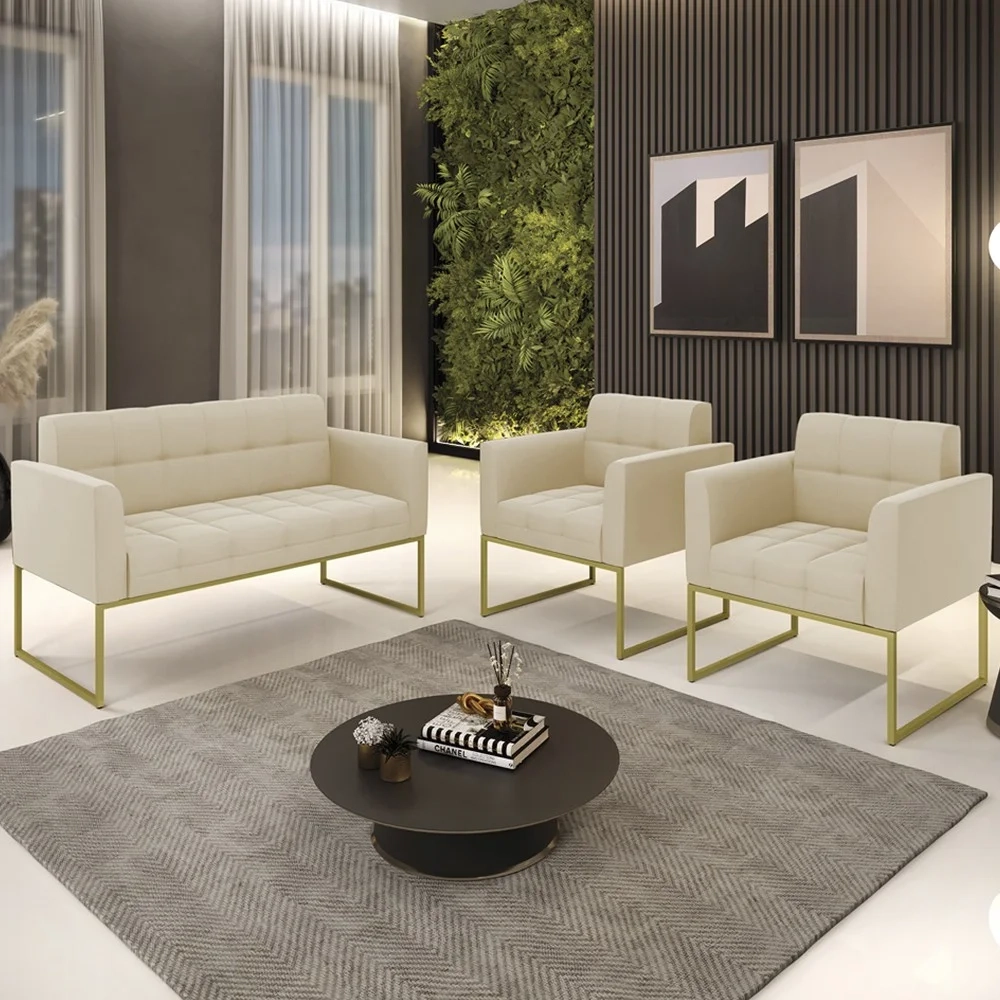 Sofá Namoradeira e 2 Poltronas Base Industrial Dourado Ana Suede Bege - Ibiza
