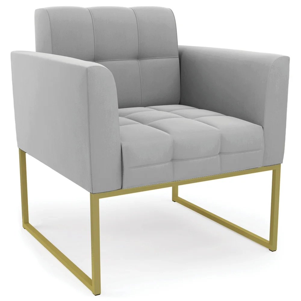 Sofá Namoradeira e 2 Poltronas Base Industrial Dourado Ana Suede Cinza - Ibiza