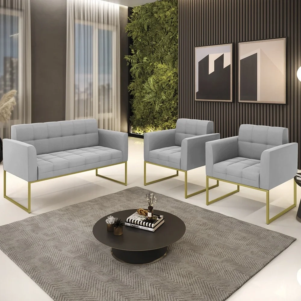 Sofá Namoradeira e 2 Poltronas Base Industrial Dourado Ana Suede Cinza - Ibiza