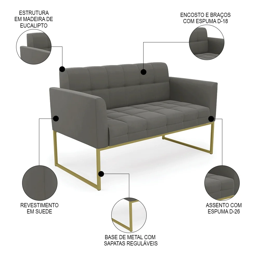 Sofá Namoradeira e 2 Poltronas Base Industrial Dourado Ana Suede Grafite - Ibiza
