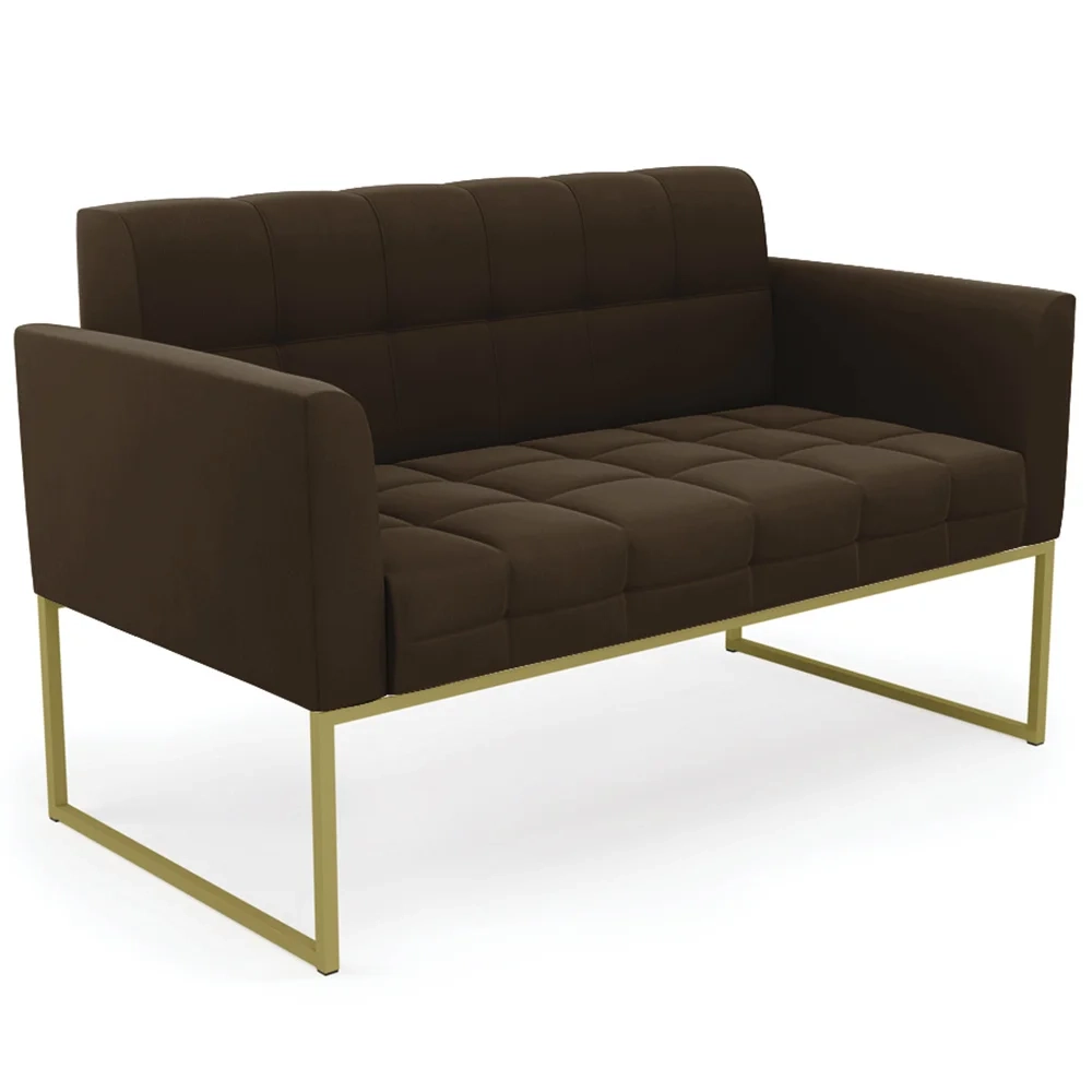 Sofá Namoradeira e 2 Poltronas Base Industrial Dourado Ana Suede Marrom - Ibiza