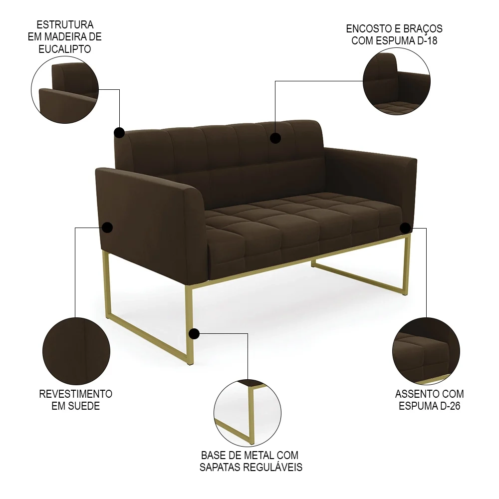 Sofá Namoradeira e 2 Poltronas Base Industrial Dourado Ana Suede Marrom - Ibiza