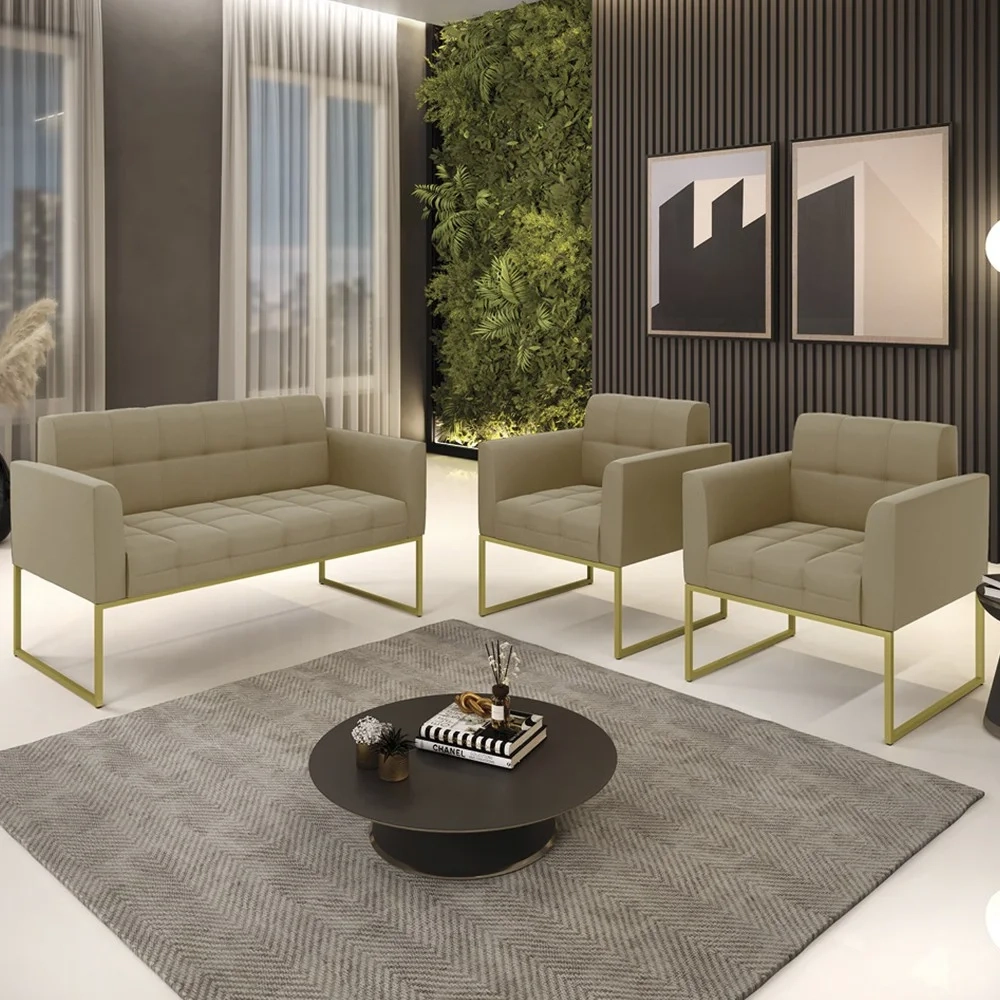 Sofá Namoradeira e 2 Poltronas Base Industrial Dourado Ana Suede Marrom RT - Ibiza