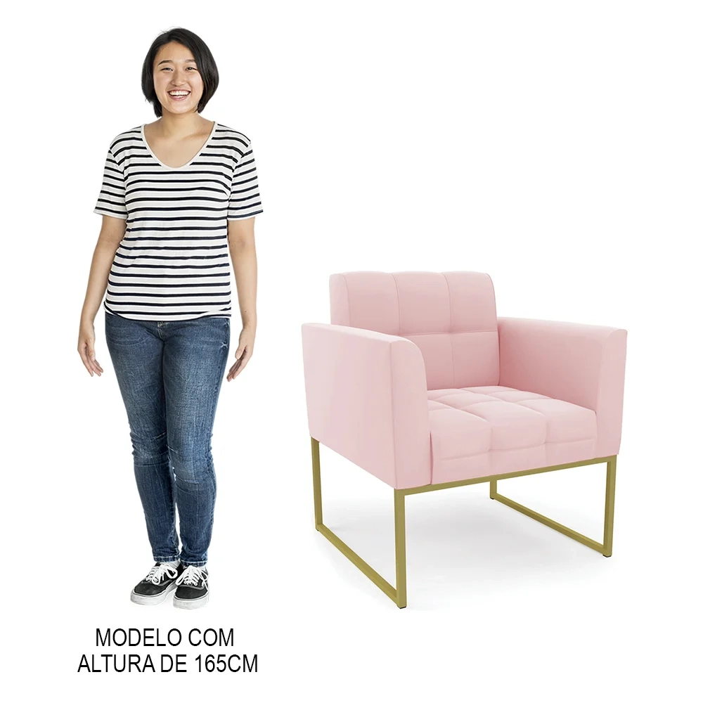 Sofá Namoradeira e 2 Poltronas Base Industrial Dourado Ana Suede Rosa Bebê - Ibiza