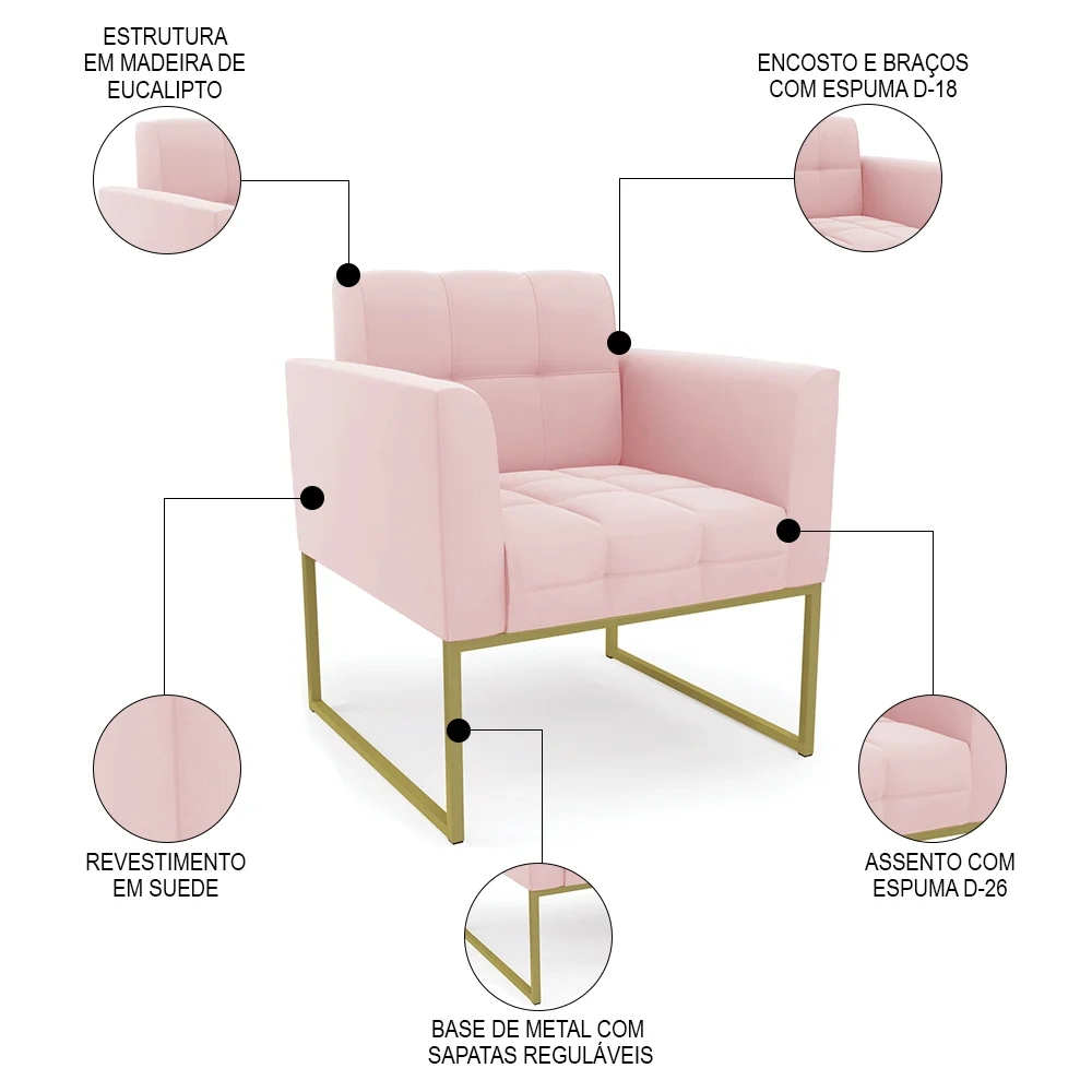 Sofá Namoradeira e 2 Poltronas Base Industrial Dourado Ana Suede Rosa Bebê - Ibiza