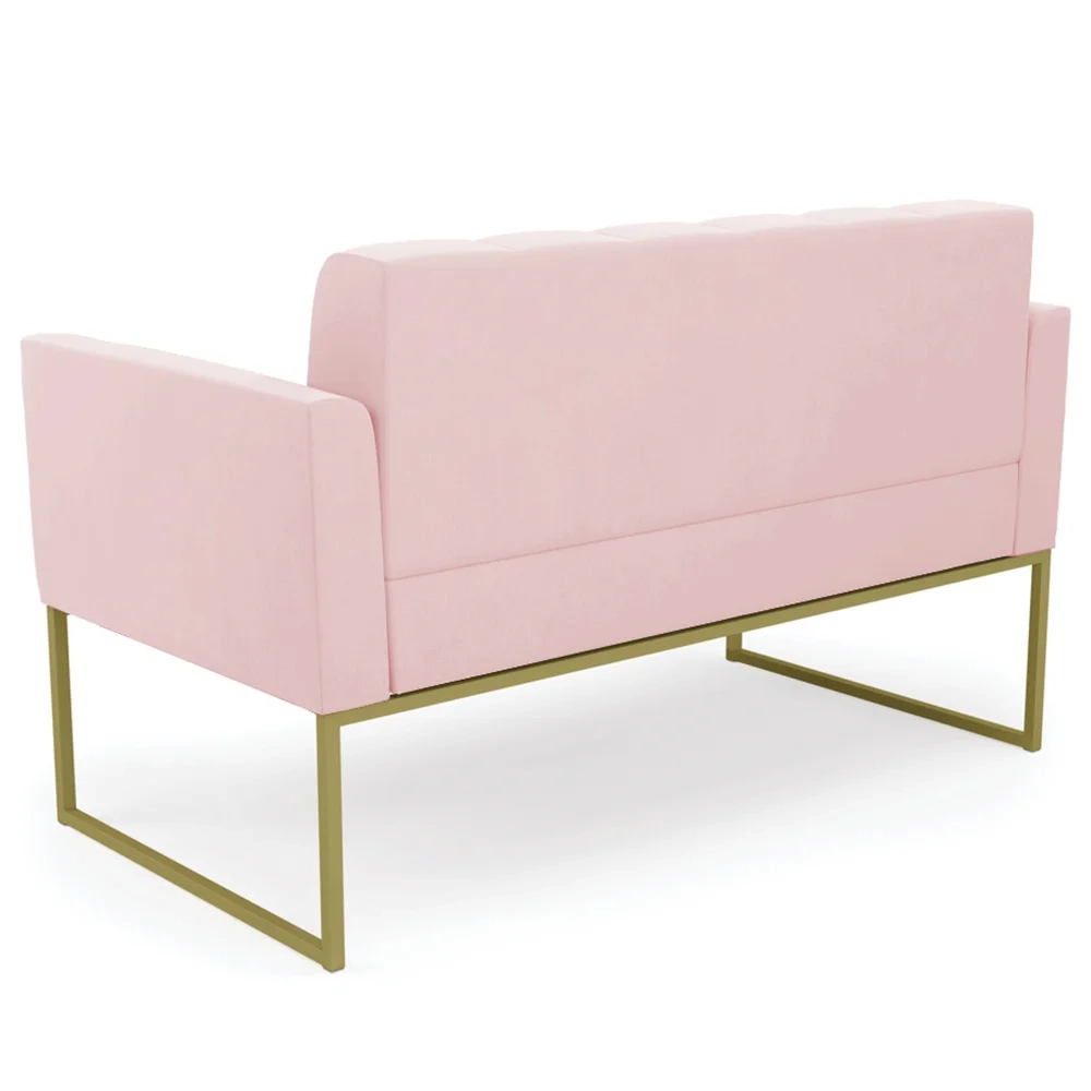 Sofá Namoradeira e 2 Poltronas Base Industrial Dourado Ana Suede Rosa Bebê - Ibiza