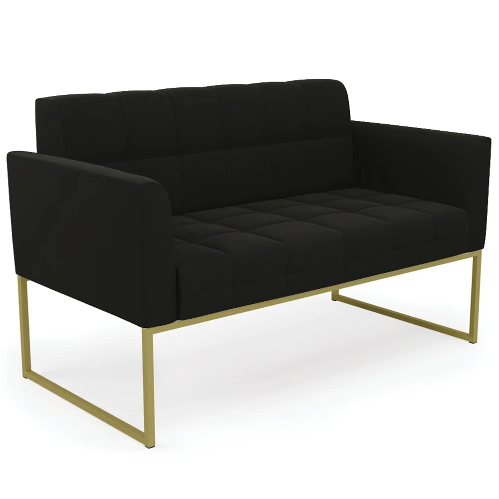 Sofá Namoradeira e 2 Poltronas Base Industrial Dourado Ana Suede Preto - Ibiza