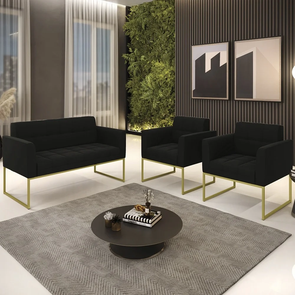 Sofá Namoradeira e 2 Poltronas Base Industrial Dourado Ana Suede Preto - Ibiza