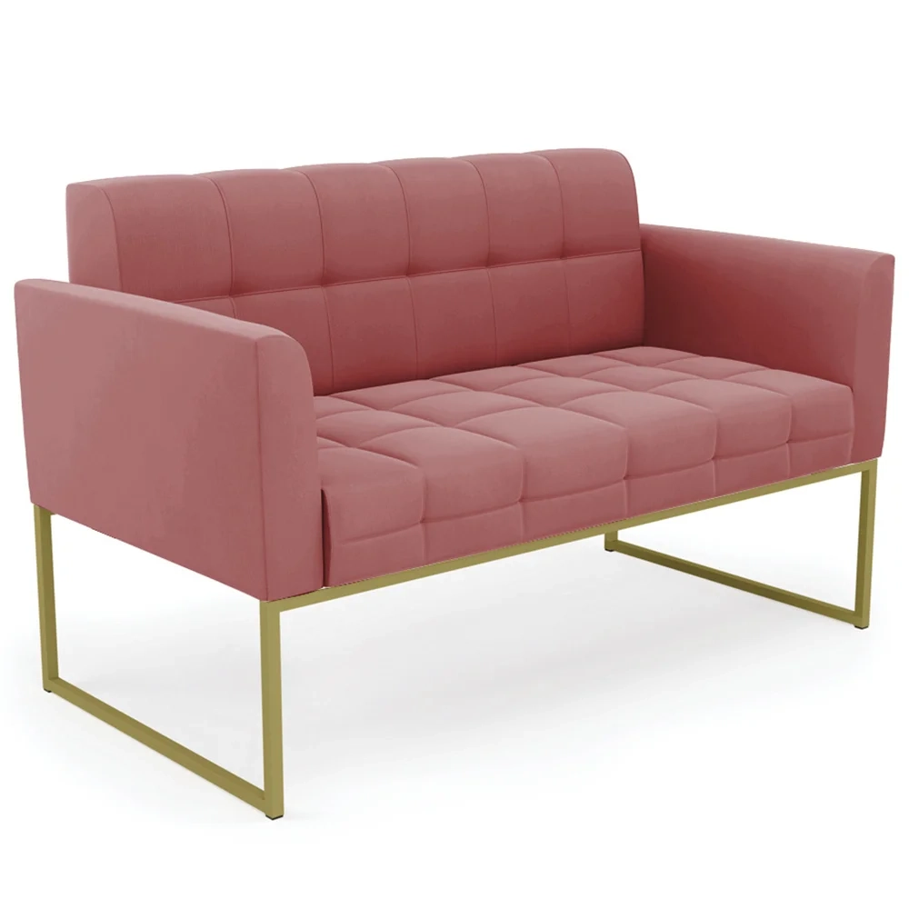 Sofá Namoradeira e 2 Poltronas Base Industrial Dourado Ana Suede Rosê - Ibiza