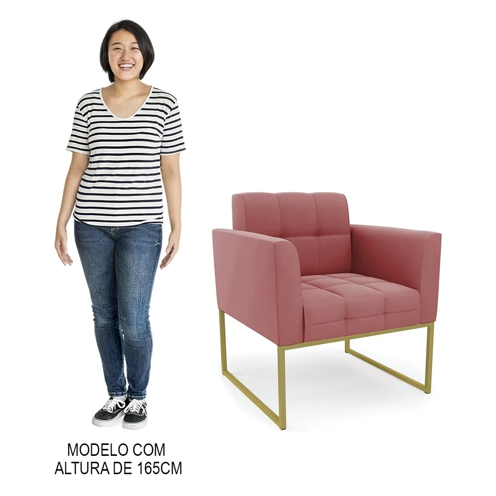 Sofá Namoradeira e 2 Poltronas Base Industrial Dourado Ana Suede Rosê - Ibiza