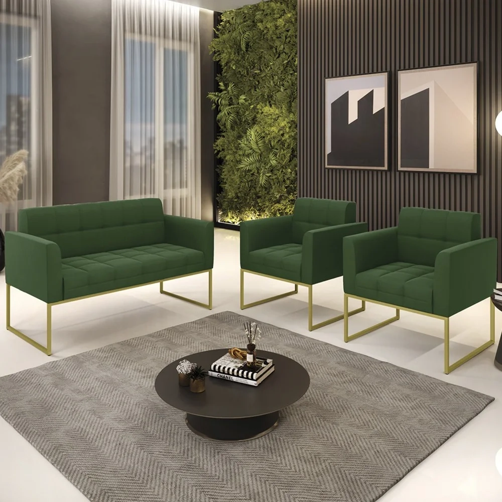 Sofá Namoradeira e 2 Poltronas Base Industrial Dourado Ana Suede Verde - Ibiza