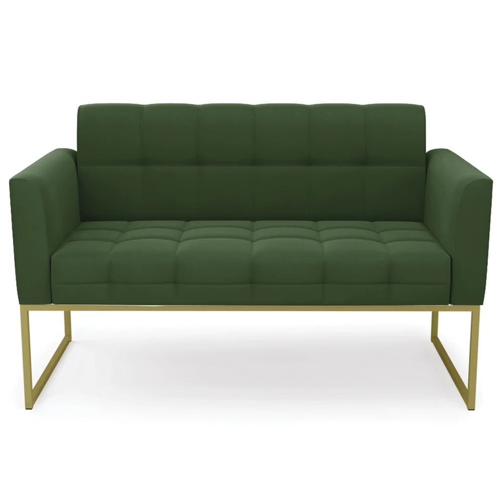 Sofá Namoradeira e 2 Poltronas Base Industrial Dourado Ana Suede Verde - Ibiza