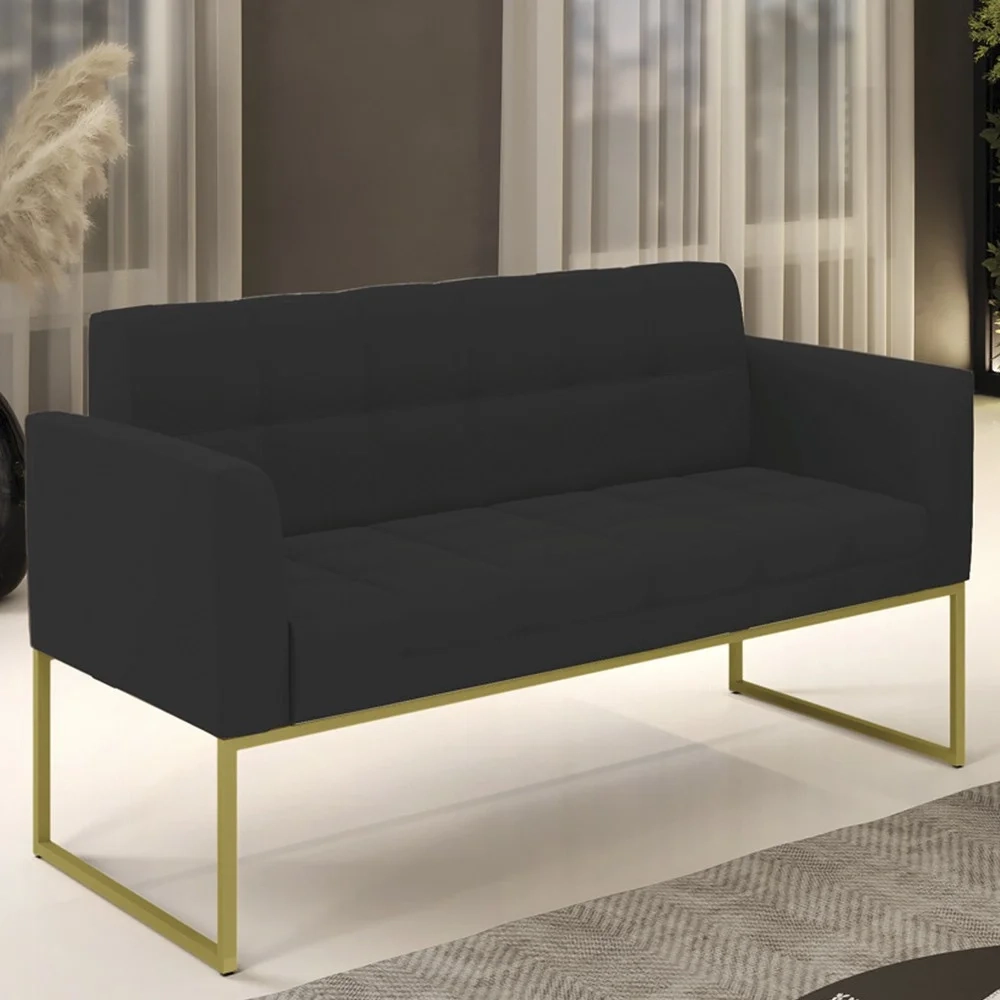 Sofá Namoradeira Base Industrial Dourado Ana Veludo Preto - Ibiza
