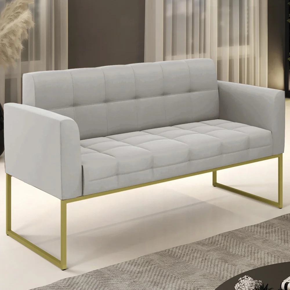 Sofá Namoradeira Base Industrial Dourado Ana Veludo Cinza - Ibiza