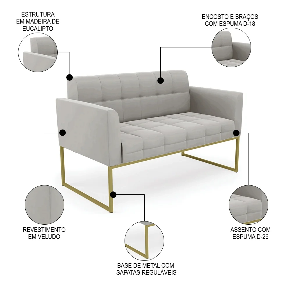 Sofá Namoradeira e 2 Poltronas Base Industrial Dourado Ana Veludo Cinza - Ibiza