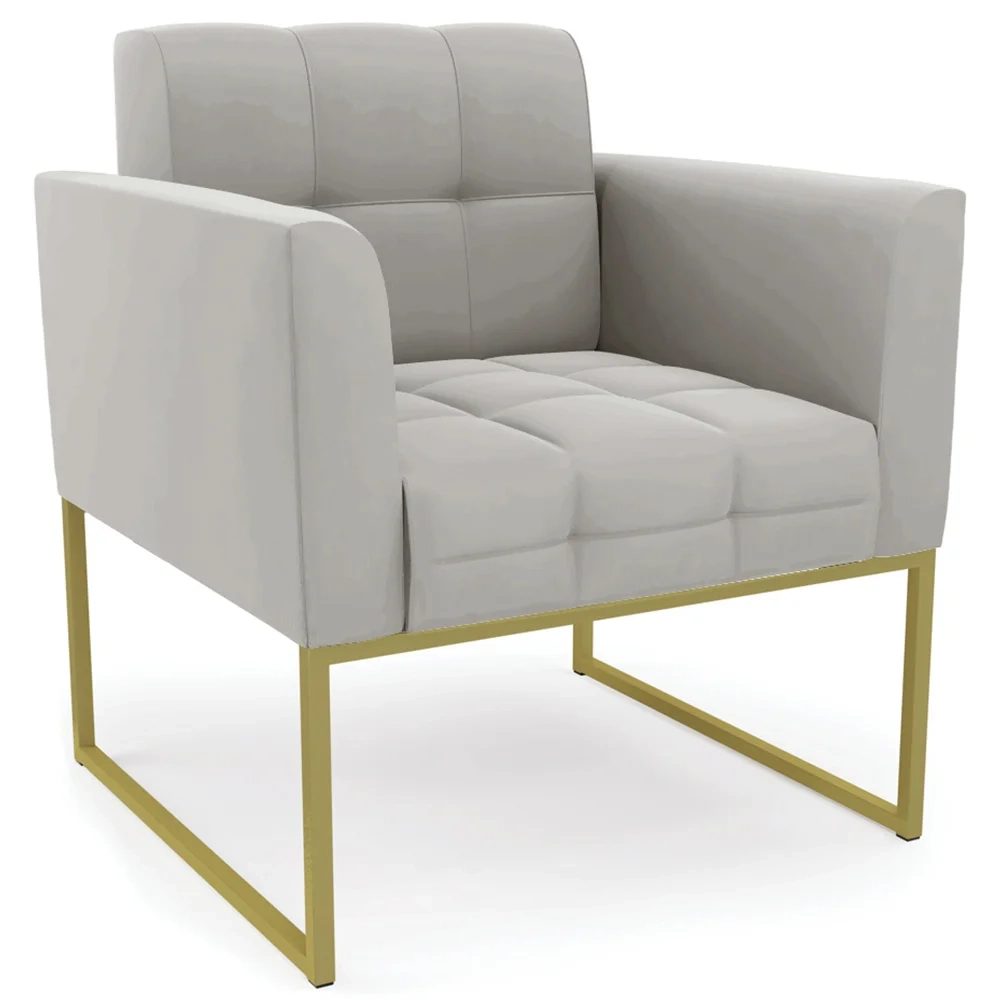 Sofá Namoradeira e 2 Poltronas Base Industrial Dourado Ana Veludo Cinza - Ibiza