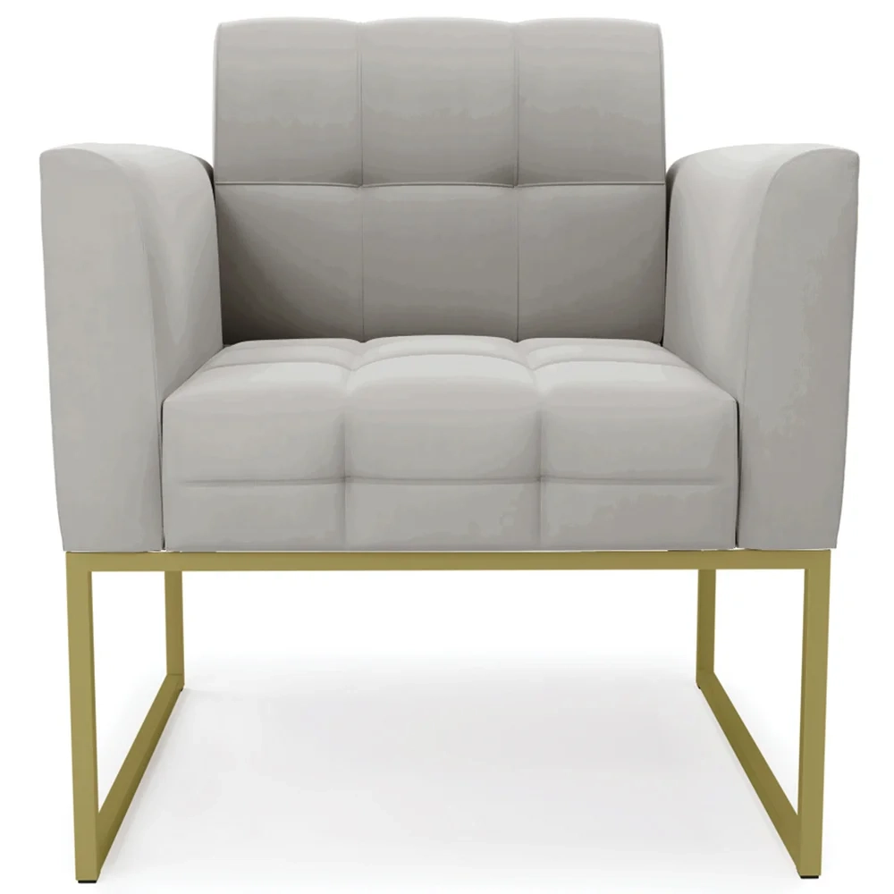 Sofá Namoradeira e 2 Poltronas Base Industrial Dourado Ana Veludo Cinza - Ibiza