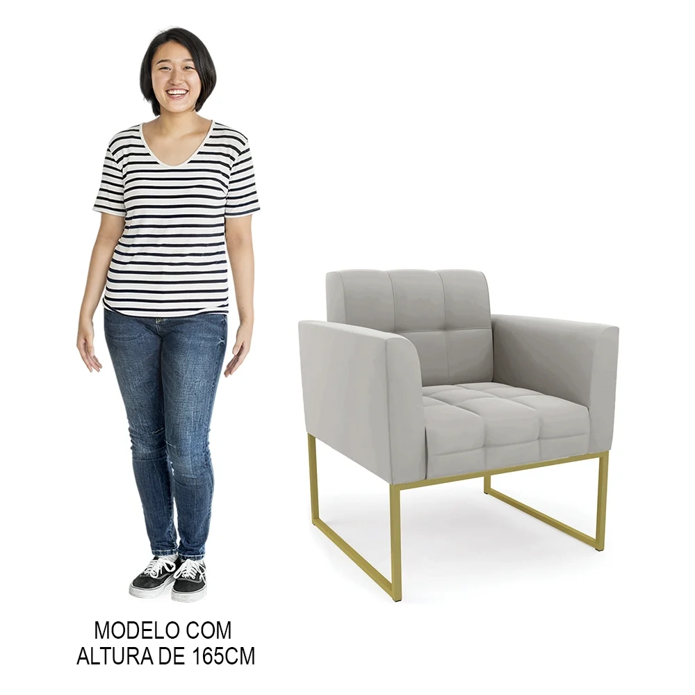 Sofá Namoradeira e 2 Poltronas Base Industrial Dourado Ana Veludo Cinza - Ibiza