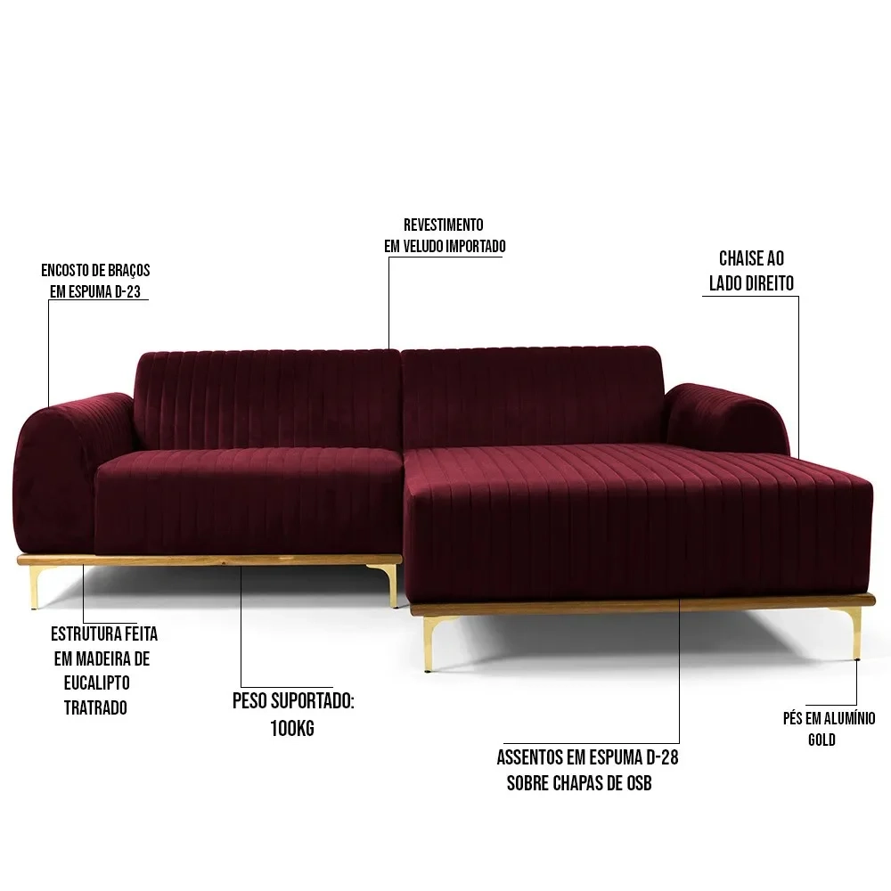 Sofá 300cm 5 Lugares com Chaise Direito Pés Gold Molino C-278 Veludo Marsala - Domi
