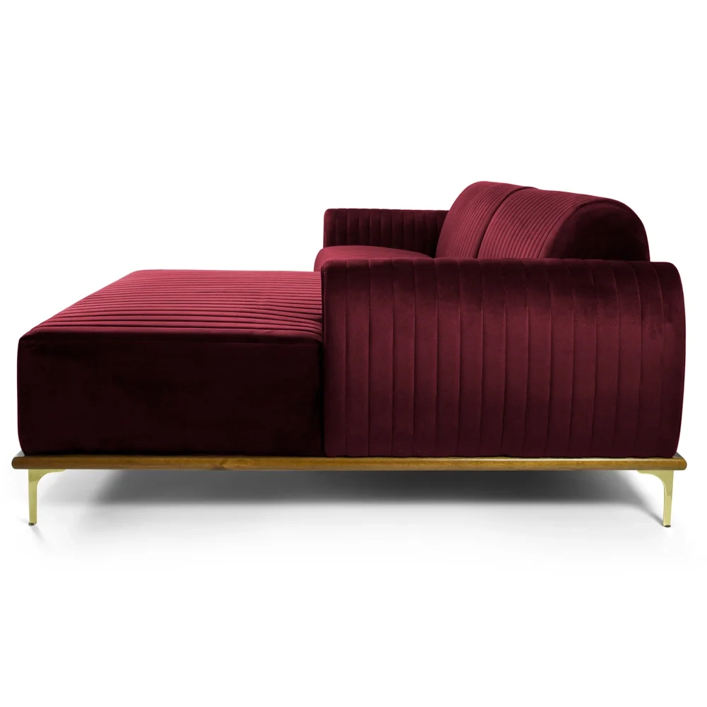 Sofá 300cm 5 Lugares com Chaise Direito Pés Gold Molino C-278 Veludo Marsala - Domi