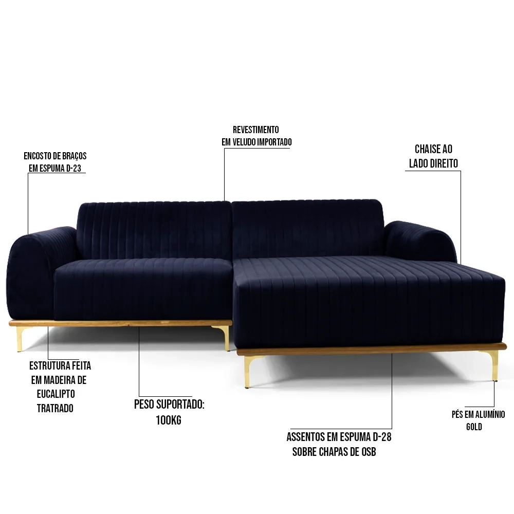 Sofá 320cm 5 Lugares com Chaise Direito Pés Gold Molino C-287 Veludo Marinho - Domi