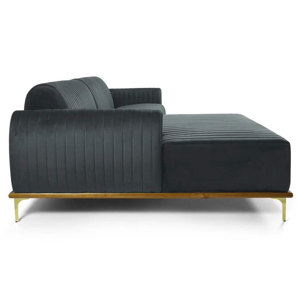 Sofá 320cm 5 Lugares com Chaise Esquerdo Pés Gold Molino C-317 Veludo Cinza - Domi