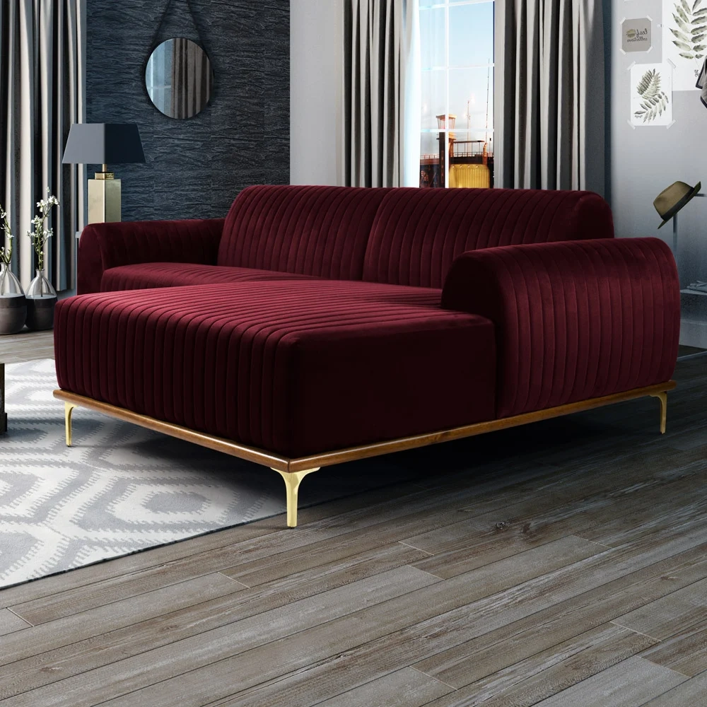 Sofá 350cm 6 Lugares com Chaise Direito Pés Gold Molino C-278 Veludo Marsala - Domi