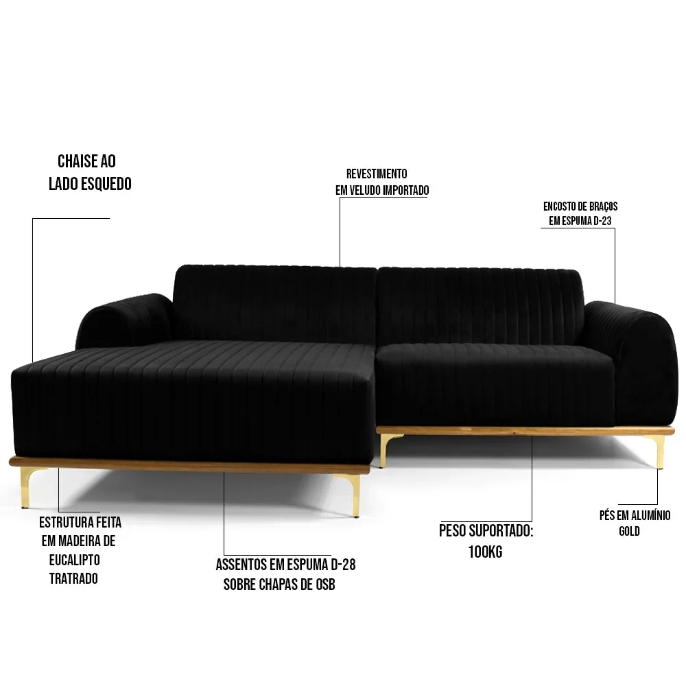 Sofá 320cm 5 Lugares com Chaise Esquerdo Pés Gold Molino C-300 Veludo Preto - Domi