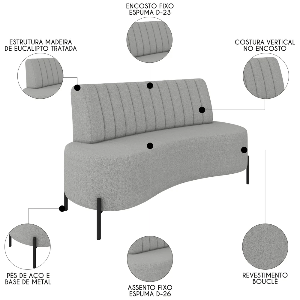 Sofá 2 Lugares 160cm Pés Aço Preto Tamar Z08 Boucle Cinza - Mpozenato