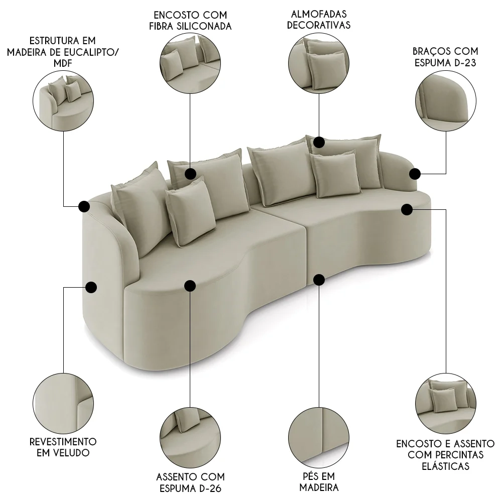 Sofá 4 Lugares 250cm Orgânico Quito Z08 Veludo Bege  - Mpozenato